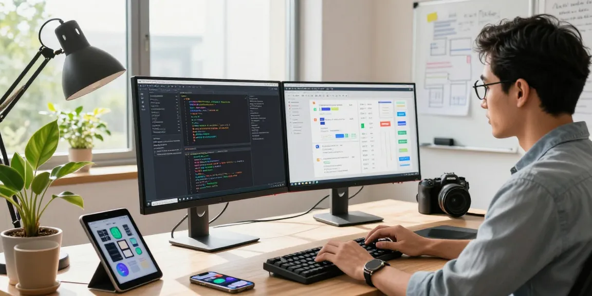 WPS Download in an innovative tech workspace showing a developer coding on dual monitors with a collaborative atmosphere.