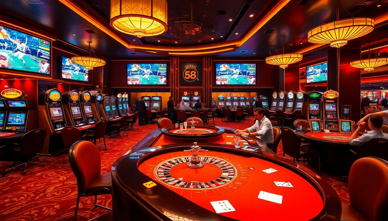 Players engaging in thrilling games at nhà cái du88 casino, showcasing vibrant poker tables and slot machines.