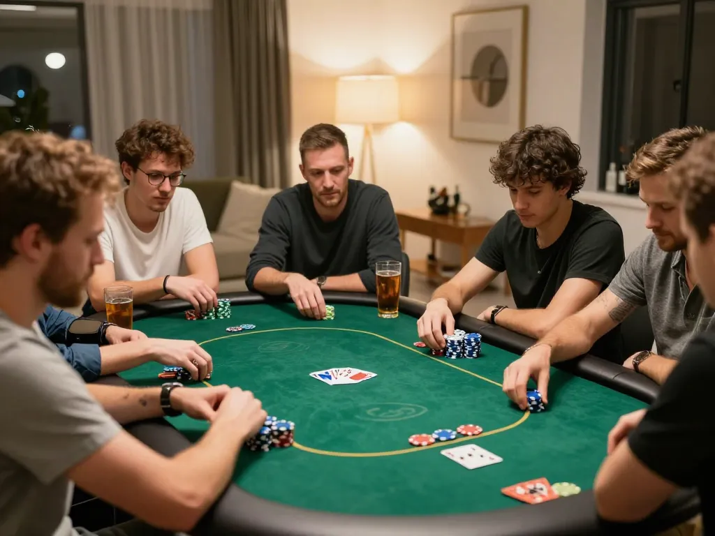 Scena coinvolgente di una serata poker a casa che mette in evidenza l'atmosfera dei migliori bookmaker non AAMS con giocatori che strategizzano