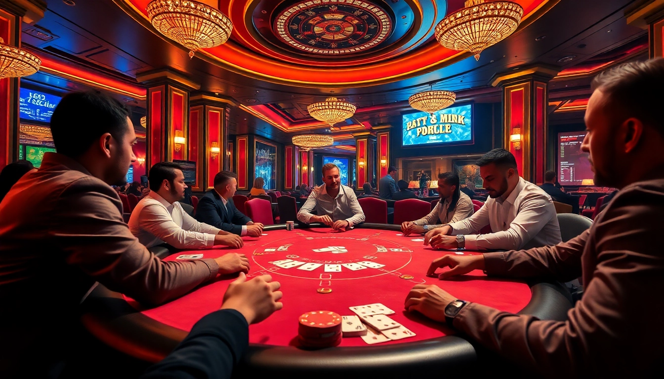 B52 Club features an engaging poker scene with players and vibrant casino decor, highlighting the thrill of gambling.