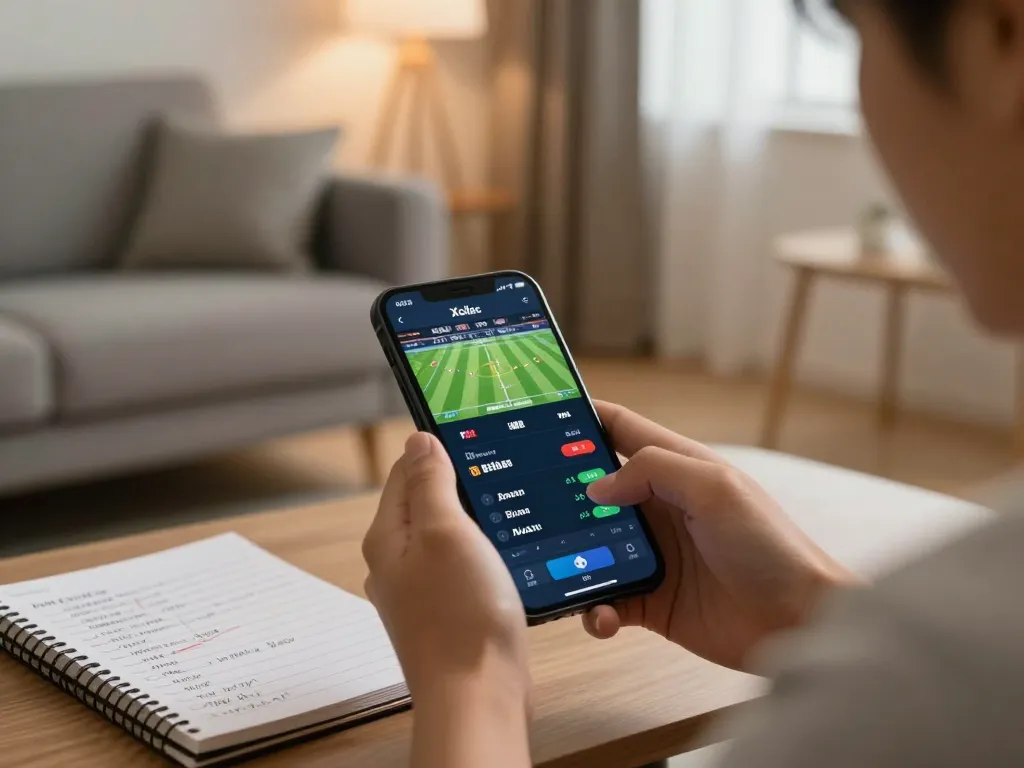 Xoilac mobile sports betting scene with a user engaged in live match updates and strategies