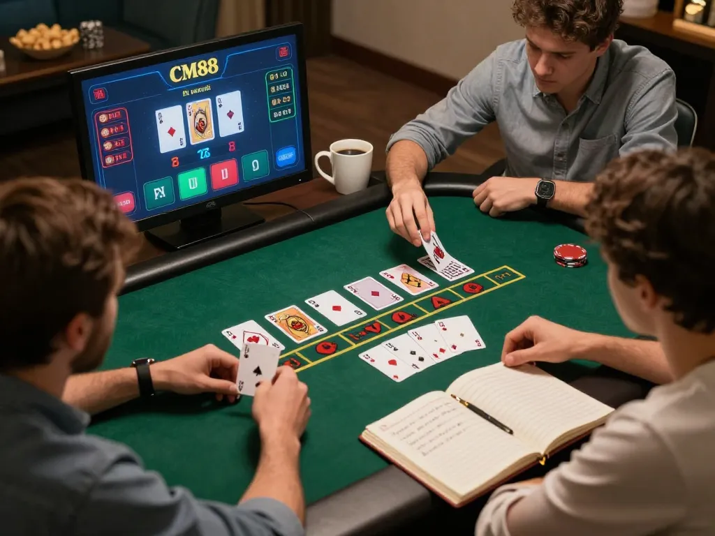 Players enjoying strategic blackjack game at CM88 online casino from home during a cozy session