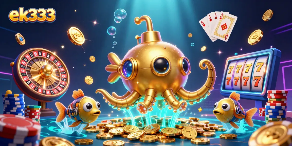 Experience winning strategies with ek333's immersive gaming scene of slot machines and treasures.