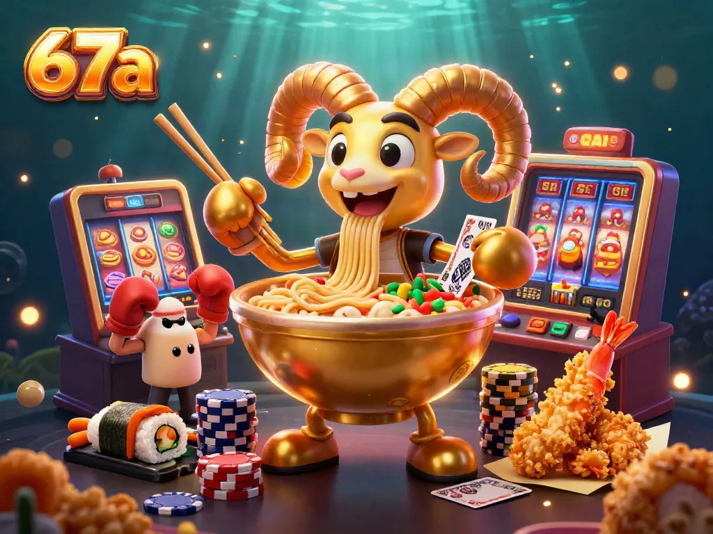 Experience thrilling wins with the 67a slot game featuring a golden ramen bowl dealer surrounded by vibrant gambling elements.