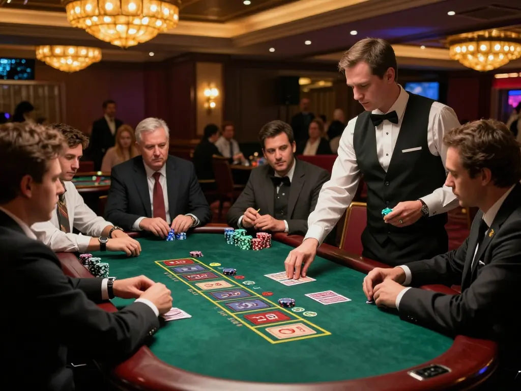 Players strategizing at a blackjack table on 98win, showcasing intense gameplay and vibrant casino atmosphere.