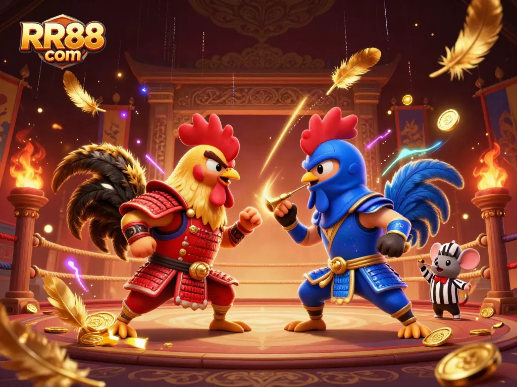 Betting on the thrilling duel in RR88 com's colorful cockfighting arena, featuring animated roosters.