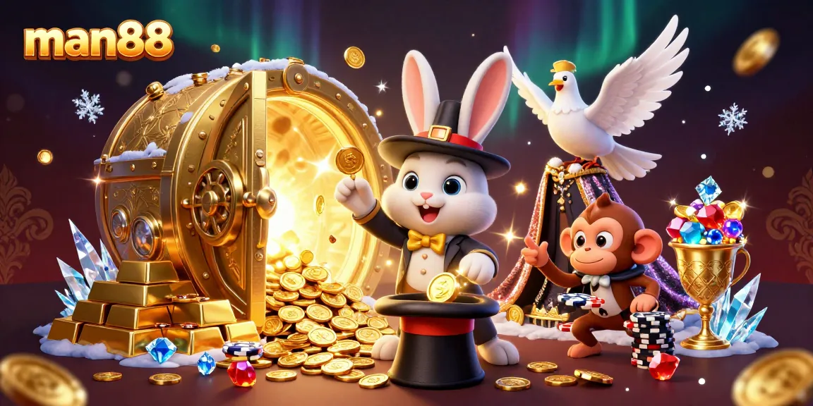 Feel the magic of man88 with a vibrant 3D illustration of casino fun and excitement.