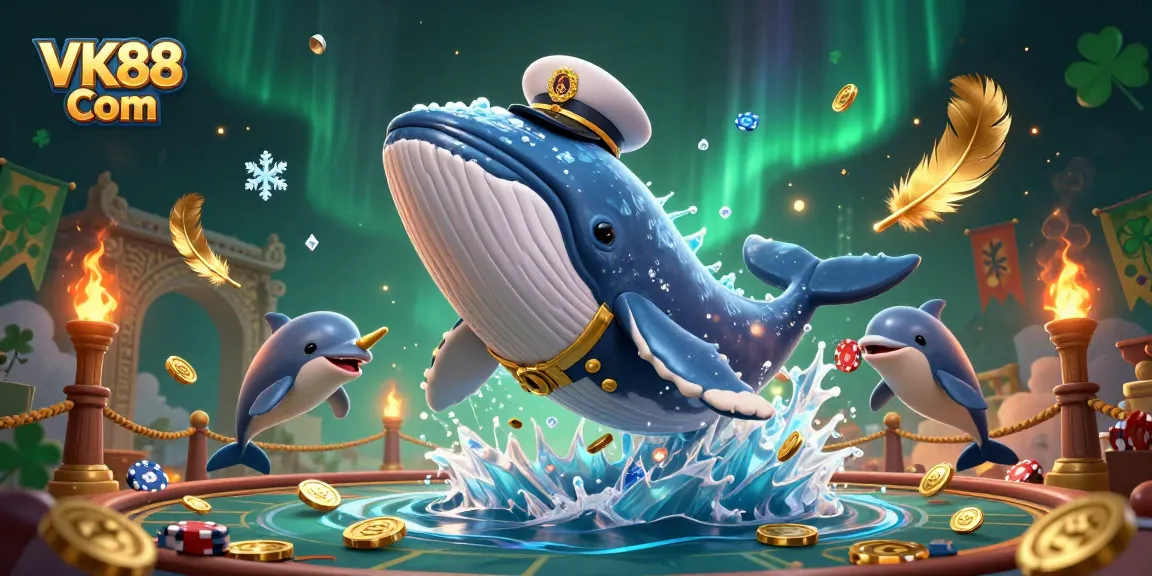 Win big with VK88 Com in a vibrant 3D casino-themed illustration featuring a whale and dolphins.