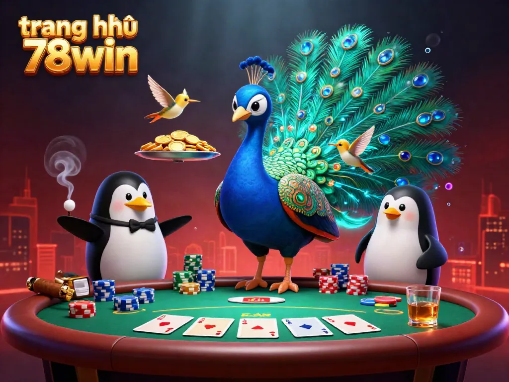 Engage with the thrilling atmosphere at trang chủ 78win featuring a peacock, penguin, and hummingbird in a lively casino scene.