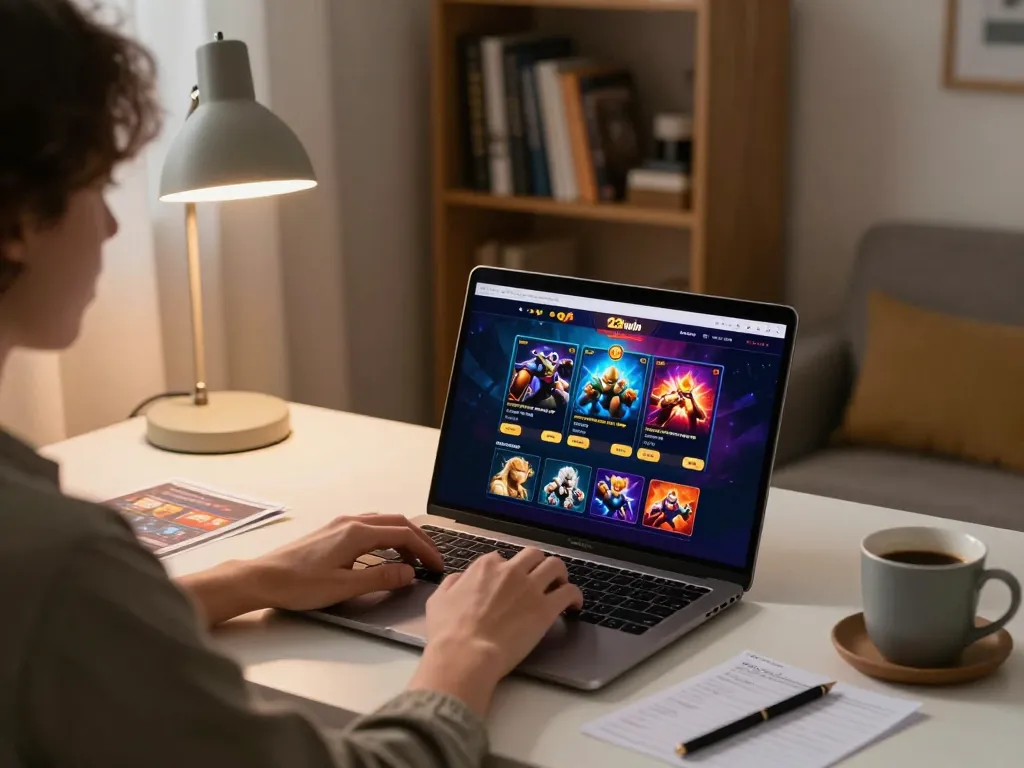 This scene shows a person engaged with an online casino at https://123win.click/, highlighting a professional setup for responsible gambling.