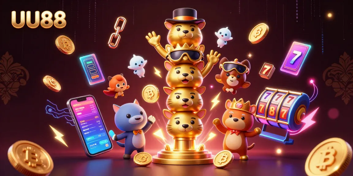 Engage with thrilling slots at UU88 in this vibrant 3D casino illustration featuring lively characters and crypto elements.