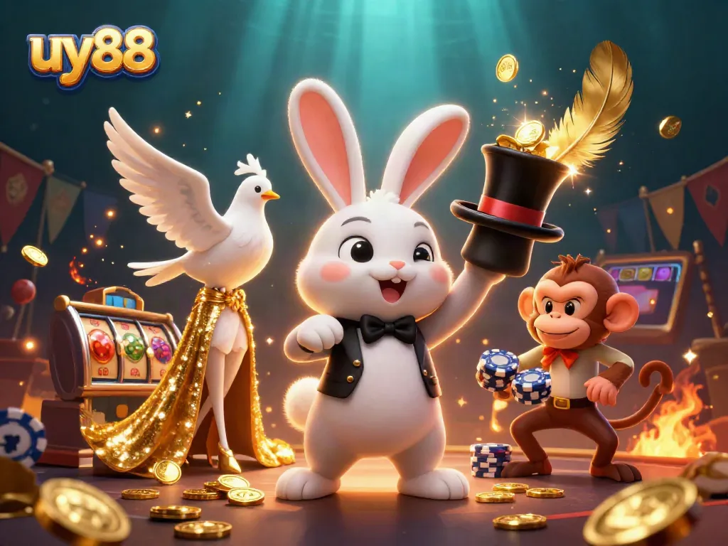 Engage in thrilling casino action with uy88, featuring a magical rabbit conjuring coins and a monkey with poker chips.