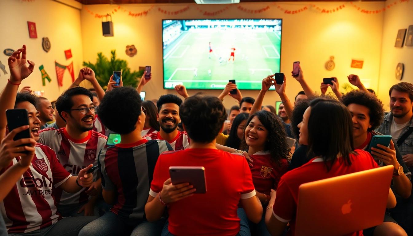 Xoilac TV viewers enjoying a live football match together with devices and excitement.