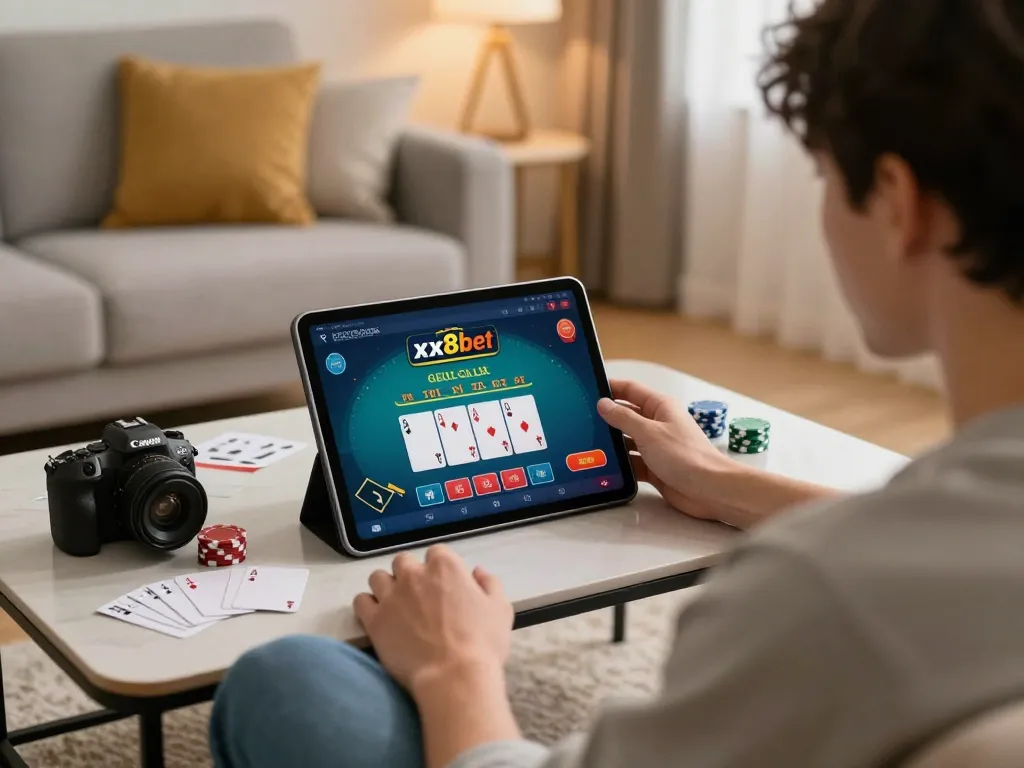 Player engaging in live dealer games on the xx88bet app from home, showcasing a cozy gaming atmosphere.