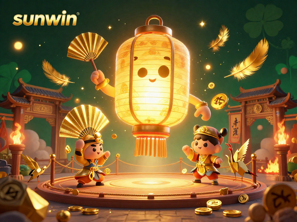Engage with sunwin's vibrant casino atmosphere featuring a magical lantern spirit and golden warriors.