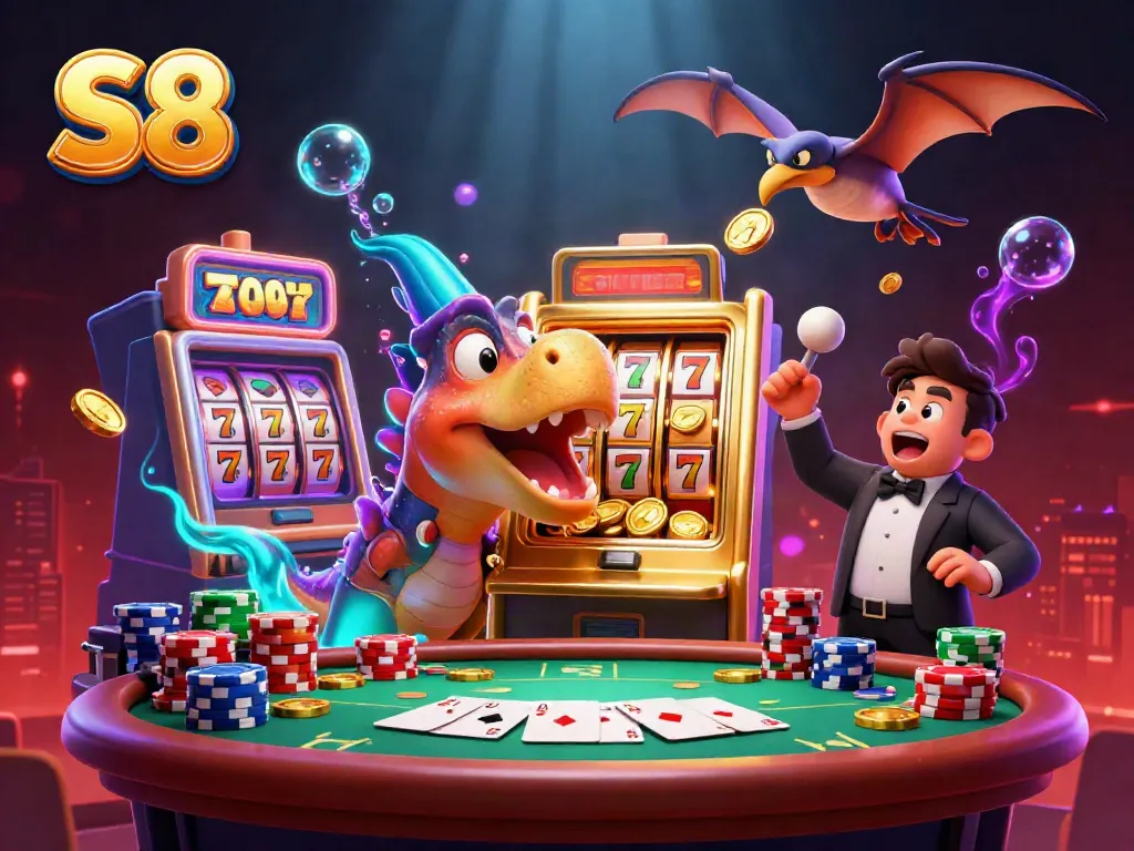S8 engages players with a vibrant casino scene featuring a pachycephalosaurus at a golden slot machine, maximizing enjoyment and excitement.