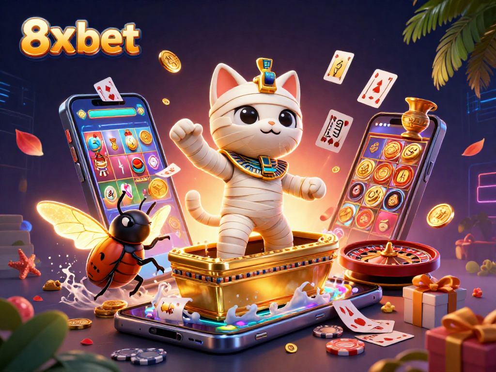 Join the excitement of 8x bet with a captivating scene featuring a mummy cat, glowing scarab, and dynamic casino elements.