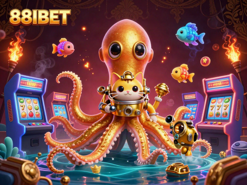 Experience the thrill of 88IBET with a playful kraken and diving cat in this vibrant casino scene.