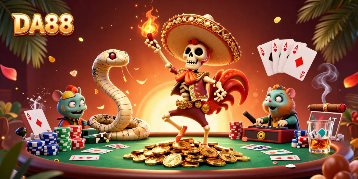 Engage in winning strategies with the DA88 as the skeleton mariachi rooster celebrates on a pile of coins.