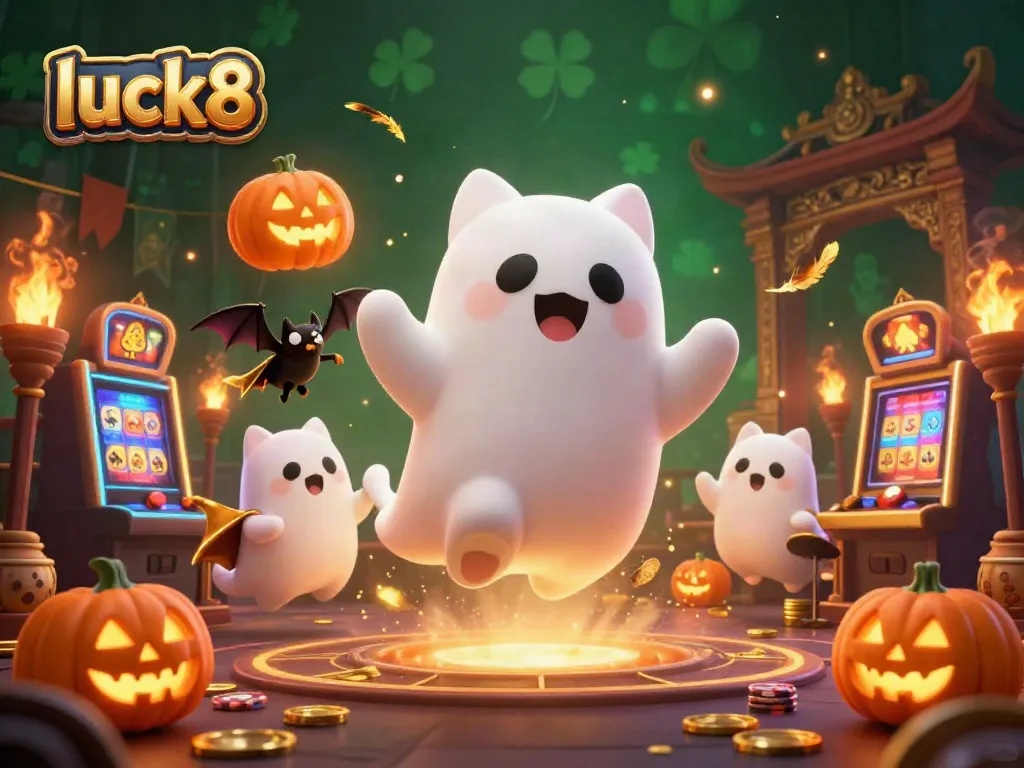 Engage in thrilling gaming at luck8 with a vibrant casino scene showcasing a ghost cat and bat amid glowing jackpots.