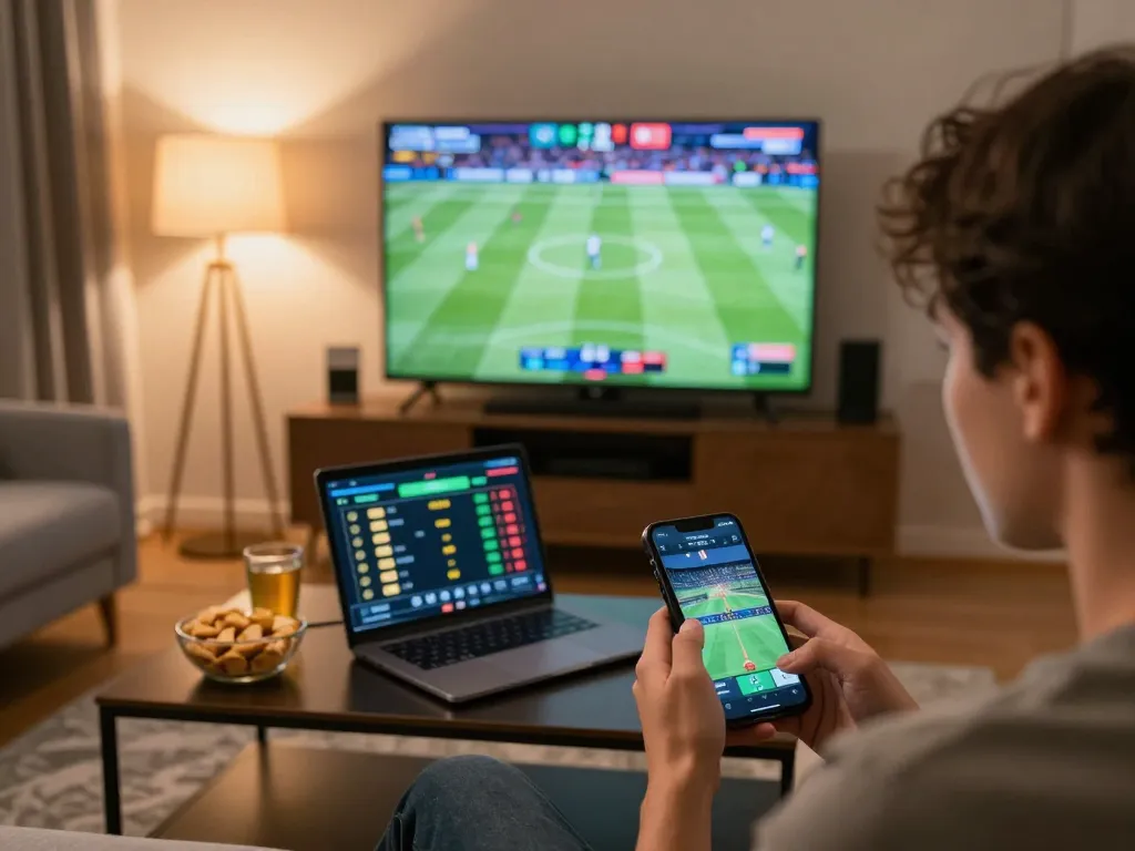Engaging sports betting moment on Fun88 via smartphone, with TV showing live game highlights.