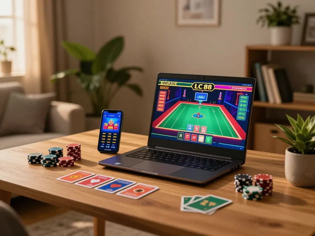 LC 88 gaming setup showcasing a laptop with online casino graphics and poker chips