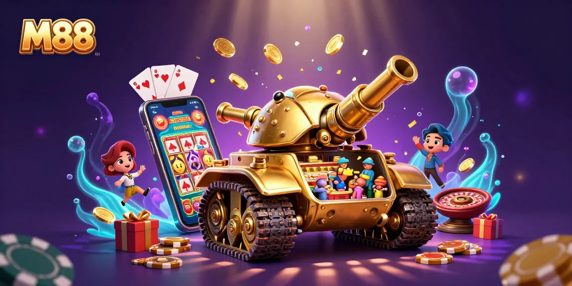 Experience the thrill at M88 with a vibrant casino scene in a golden beetle tank.