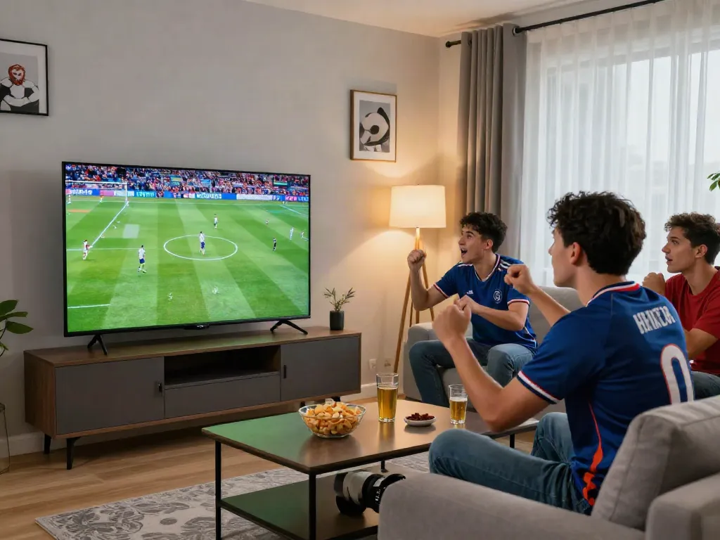 View of a fan watching a live football match on gavangtv.life with friends in a cozy environment.
