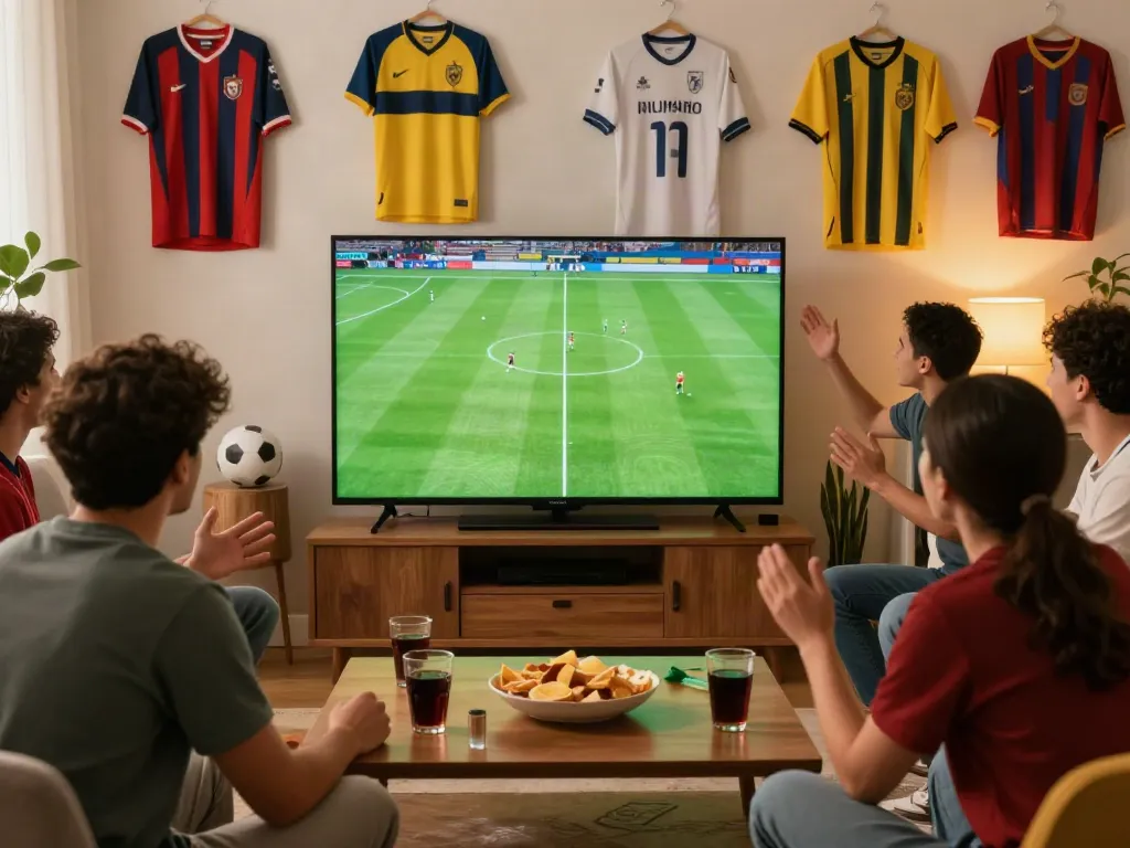 Fans watching live football on socolivekz.uk, enjoying snacks and drinks in a cozy home setting.