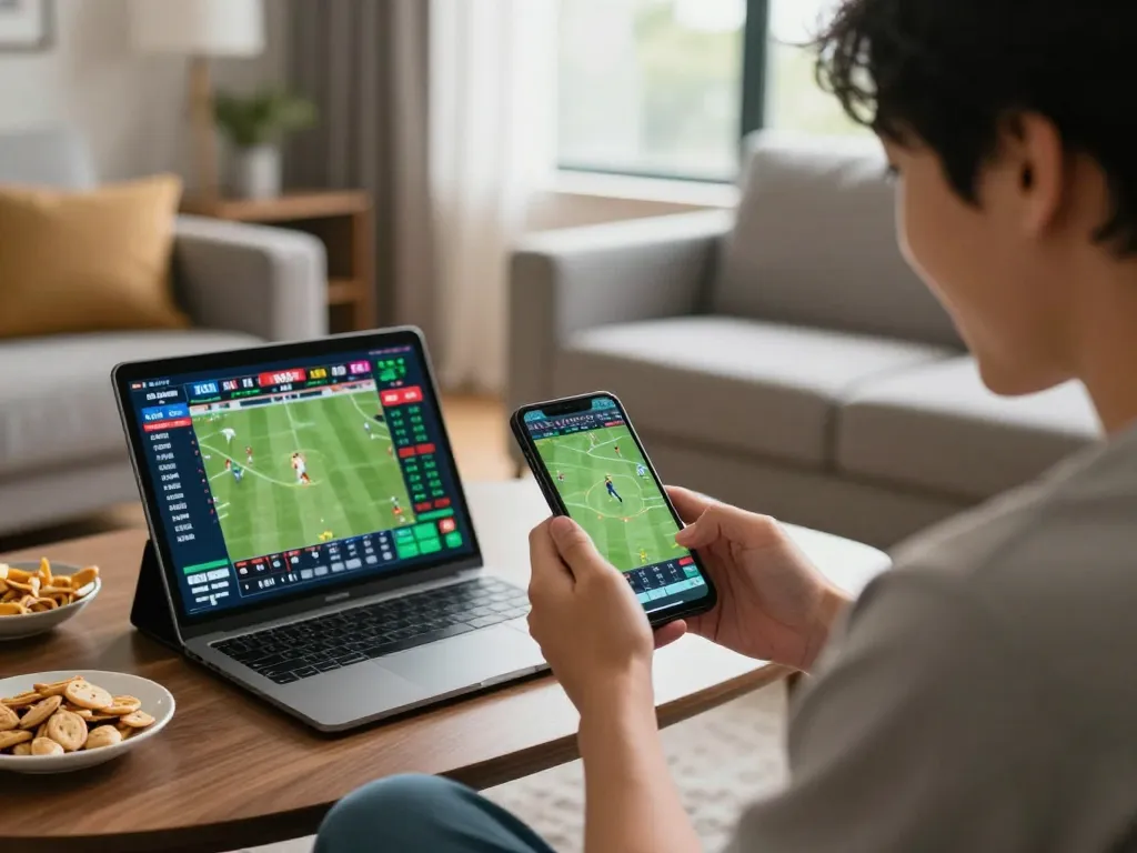 Engaging moment of Fun88 sports betting on smartphone while reviewing odds on tablet in a cozy living room