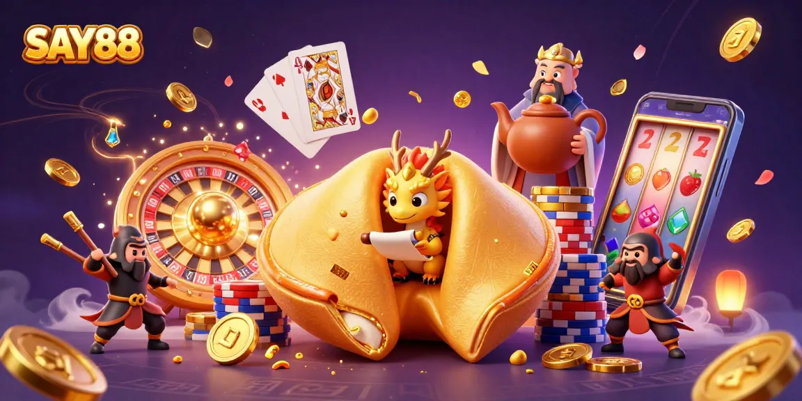 SAY88 spins to fortune with a golden cookie and dragon guarding a gaming treasure trove.