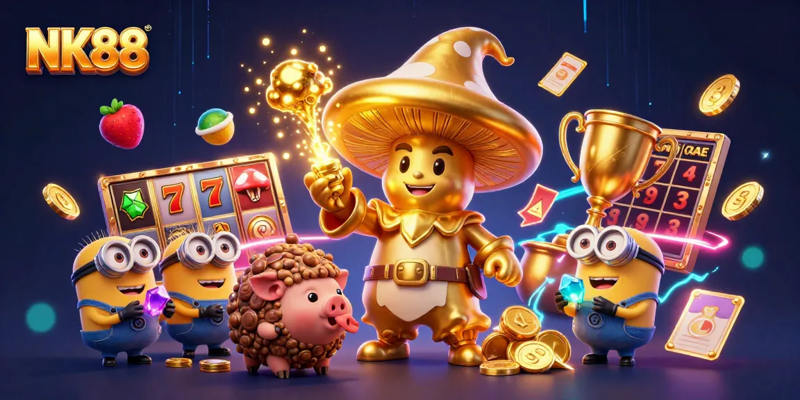 Experience the excitement of NK88 with a vibrant 3D illustration showcasing magical slot elements and treasures.