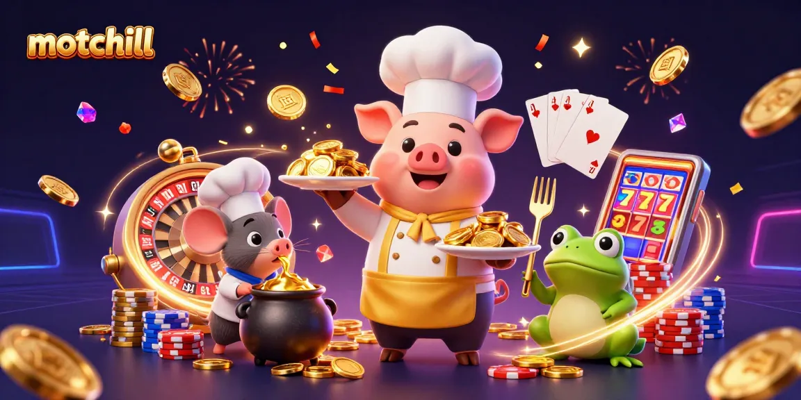 Engage with motchill's vibrant casino scene featuring gold coins, roulette, and festive characters.