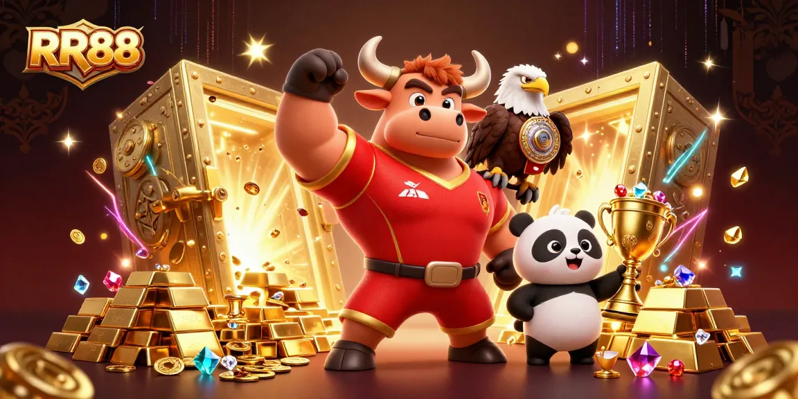RR88 promotions featuring a cartoon bull, eagle, and panda celebrating jackpots with gold and gems.
