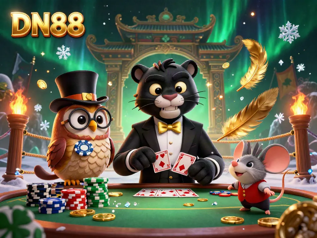 Engage in thrilling casino action with DN88's exciting 3D illustration featuring a panther dealer, owl, and lucky mouse.