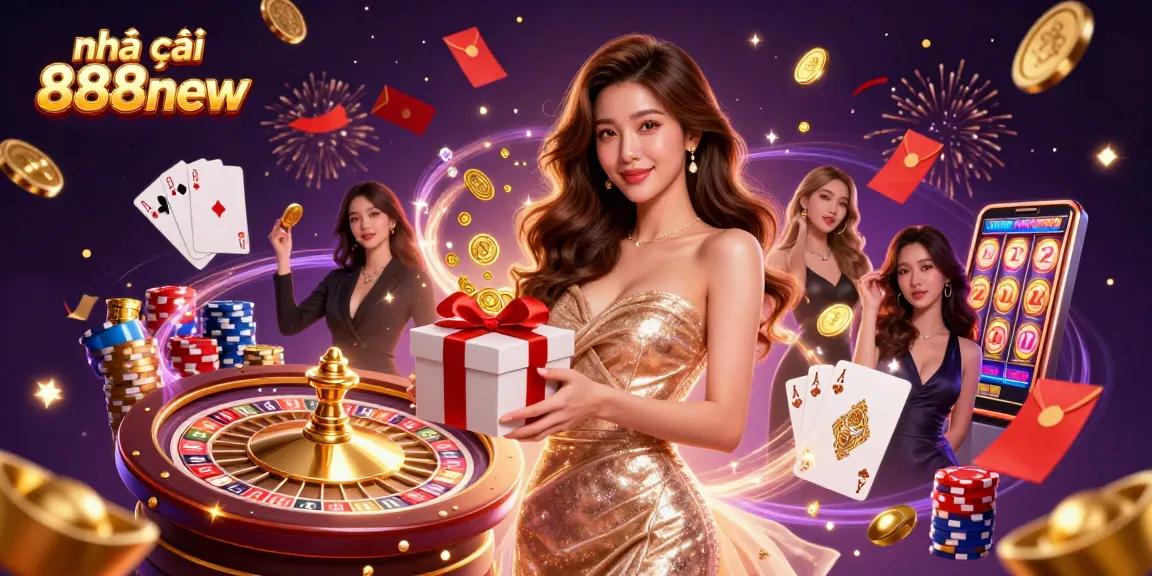 Join the excitement at nhà cái 888new with a glamorous Asian woman presenting a gift of golden coins in a festive casino.