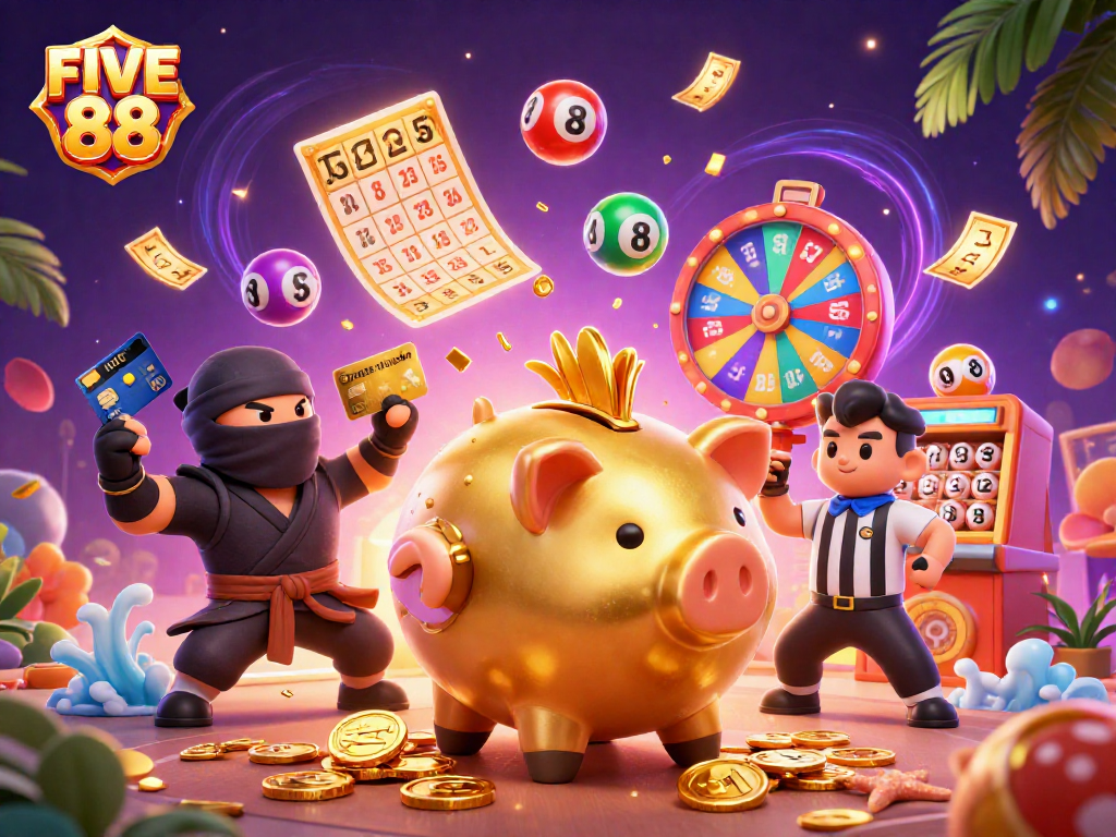 Experience the excitement of FIVE 88 as a piggy bank sumo wrestler unleashes a shower of coins while competitors battle in a vibrant casino scene.