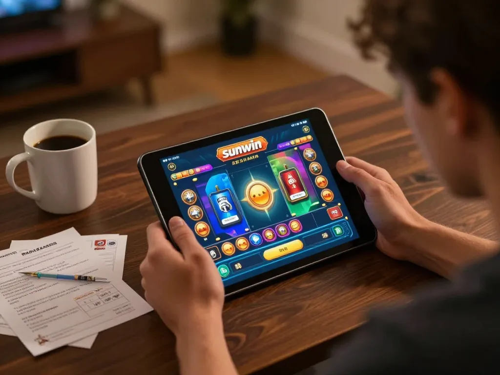 Engaging with sunwin app for online casino gaming on tablet in a cozy home setting.