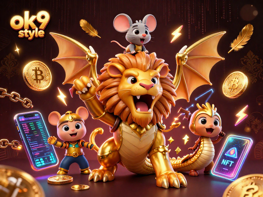 Engage with animated casino excitement featuring ok9 style creatures in gold and crypto elements.
