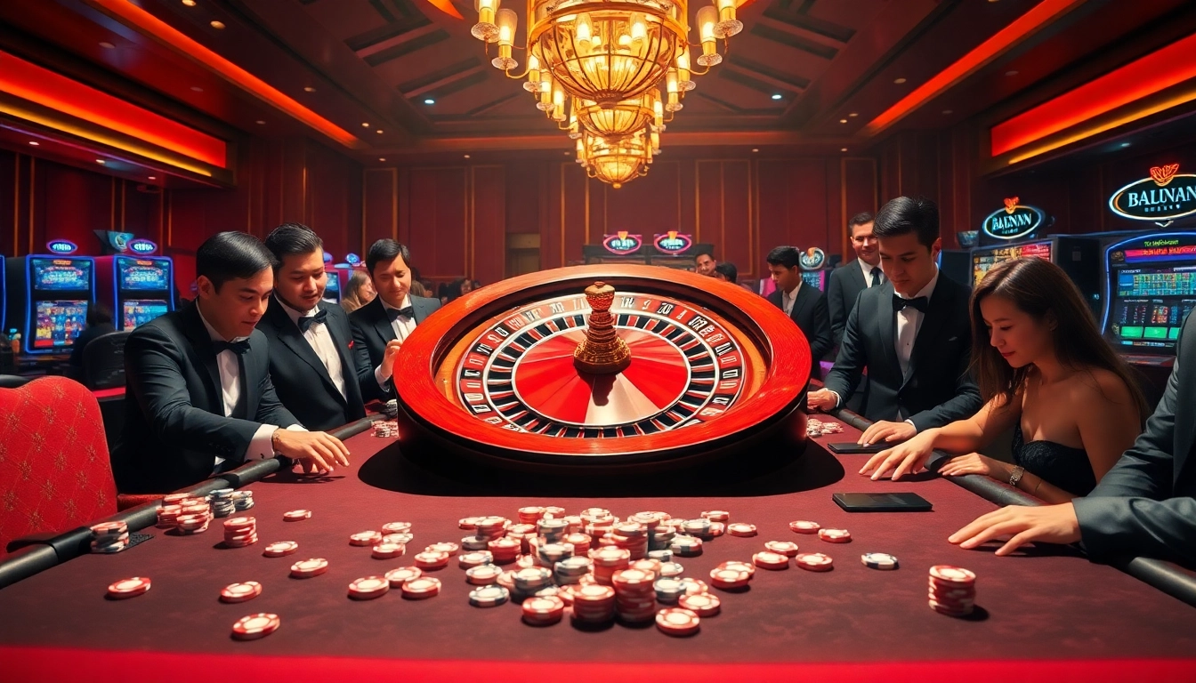 Players enjoying strategic games at nhà cái lode88, featuring a roulette wheel and poker chips.