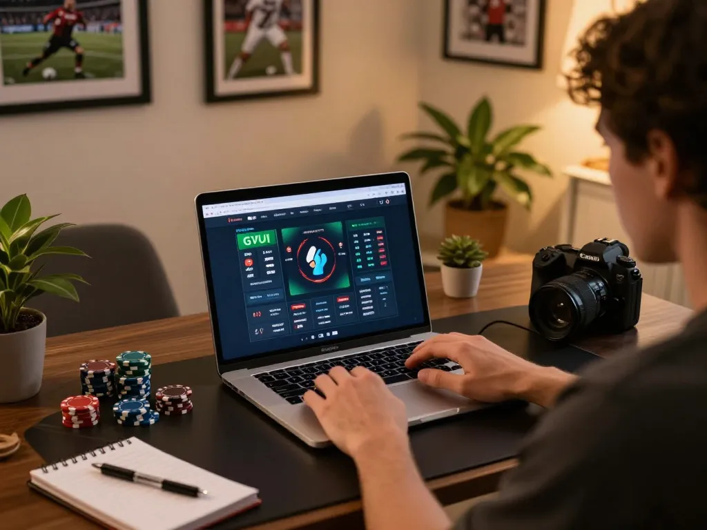 Player engaging with GVUI betting platform on a stylish home office setup with ambiance.