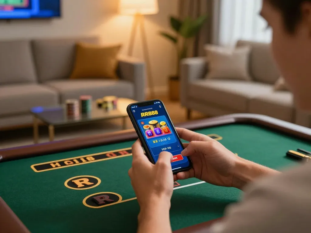 Player enjoying RR88 mobile app for exciting online casino gaming in cozy home environment