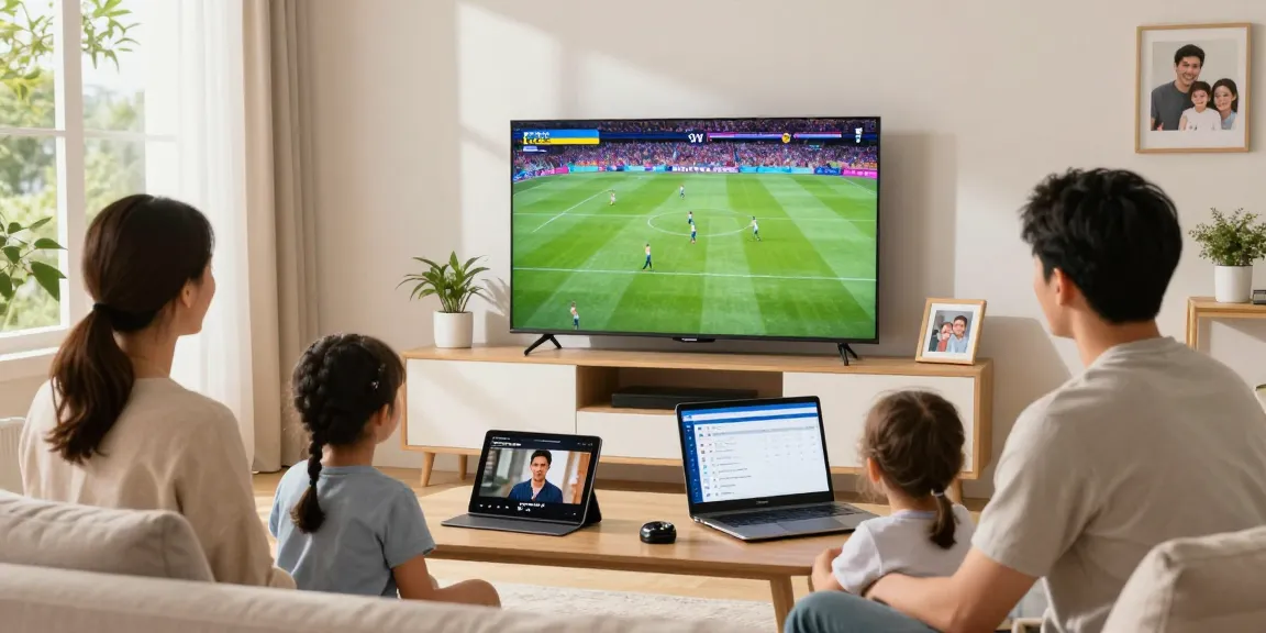 En familj som njuter av IPTV Sverige på flera skärmar i ett mysigt vardagsrum, med Smart TV och surfplatta som strömmar levande innehåll.