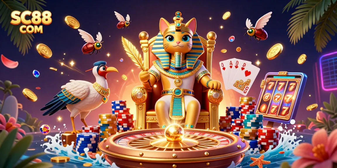 Experience luxurious gaming thrills with SC88 COM in this vibrant Egyptian-themed casino illustration.