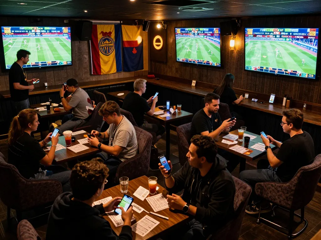 E2bet sports betting scene with engaged fans and vibrant live sports displays, capturing the thrill of competitive wagering