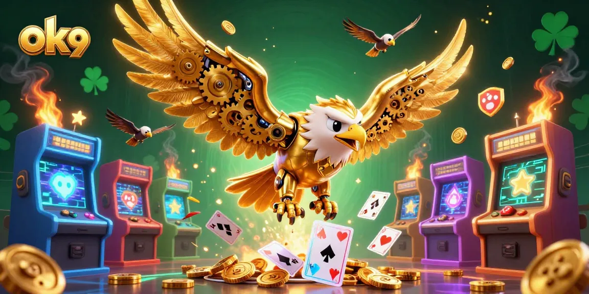 Experience thrilling action at ok9 with a dynamic casino scene featuring a golden eagle and holographic cards.