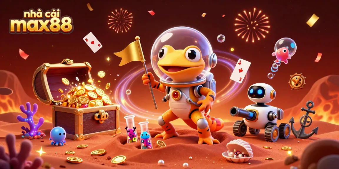 Experience betting action at nhà cái max88 with vibrant scene of gambling excitement featuring colorful games and alien characters.