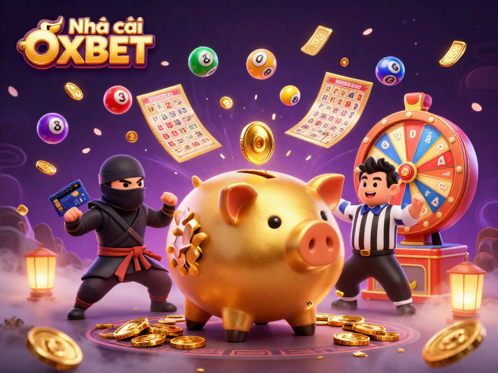 Engage with Nhà cái OXBET in a lively casino illustration featuring dynamic characters and vibrant game elements.