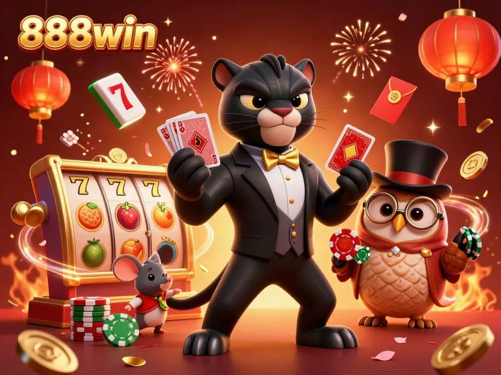 Join the ultimate gaming celebration at 888win featuring a tuxedo-clad panther dealing cards.