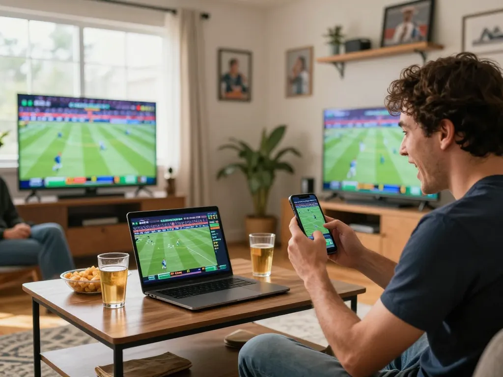 Engaging in kèo bóng đá trực tuyến betting from home with friends watching the game.